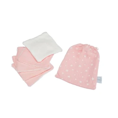 Image de Bébé Douceur, Set de 5 Débarbouillettes Gaze Coton et Eponge 11 x cm avec Pochon Rose