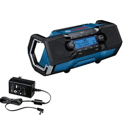 Image de Bosch Professional 18V System radio de chantier sans fil GPB 2 SC (réception via DAB+, Bluetooth, FM et AUX, avec bloc secteur, câble pile bouton au lithium 3 V, dans boîte carton)