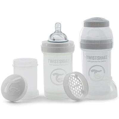 Image de Twistshake 2x Biberons Anti Coliques Avec Récipient Pour Lait En Poudre Et Mélangeur 180ml Tétine Silicone À Débit Lent Biberon Sans BPA 0+ Mois Blanc