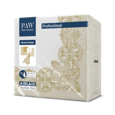 Image de PAW Serviette de Table Papier Airlaid (40 x 40 cm) I 50 Pièces Idéal pour Mariage, Baptême, Communion, Anniversaire Décoration avec Motif au Dos Reverse Royal Lace Or Blanc