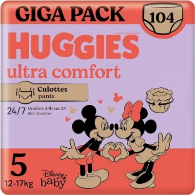 Image de HUGGIES ultra Comfort Culottes bébé Taille 5 (12kg 17kg) 2 paquets de 52 couches ceinture douce absorbtion rapide sans parfum ni chlore latex facile à mettre et enlever