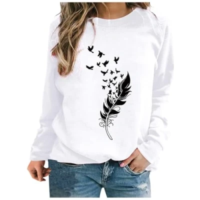 Image de BUDAOWENG Sweat Femme sans Capuche Chic Imprimé Plume Shirt Manche Longue Chemisier Et élégant Col Rond Sweatshirt Grande Taille Pull Sexy Top XL Blanc