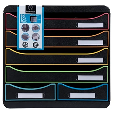 Image de Exacompta Réf. 312914D BIG BOX MAXI 1 Caisson 4 tiroirs pour document A4+ et 2 petits ranger des ustensiles Dimensions extérieures : P 34,7 x l 27,8 H 27,1 cm Noir/arlequin