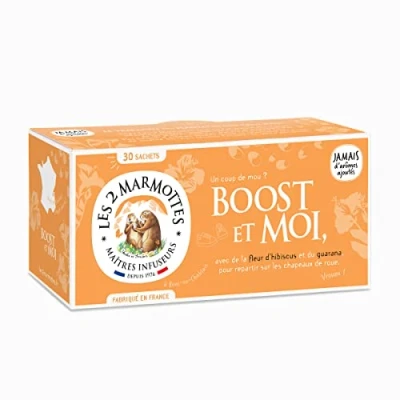 Image de Les 2 Marmottes Infusion Boost et Moi 30 sachets Fleur Hibiscus Guarana Energisante stimulante Made In France Sans arômes ajoutés 55g