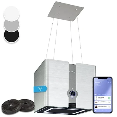Image de KLARSTEIN Futurelight Smart hotte aspirante suspendue à recyclage d&#039;air avec une puissance d&#039;évacuation de 420 m3/h, îlot éclairage LED, inox Argent