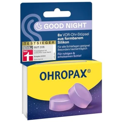 Image de OHROPAX Good Night Lot de 8 bouchons d&#039;oreilles en silicone malléable Pour toutes les oreilles et positions sommeil Indice d&#039;isolation acoustique SNR 23 dB un paisible