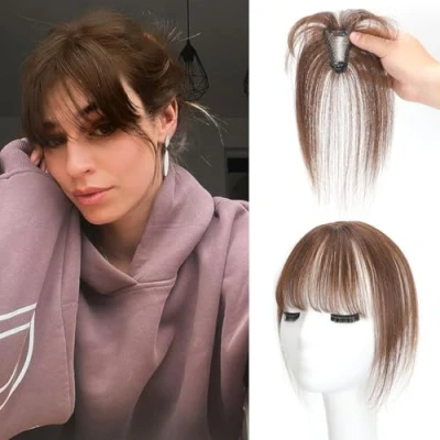 Image de Extensions à clipser avec frange 3D Pour femme 100 % cheveux humains usage quotidien (brun moyen, 3D)