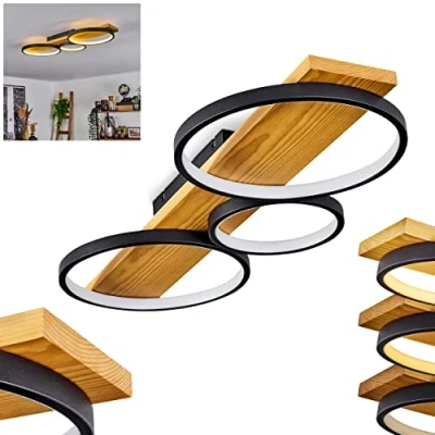 Image de plafonnier LED Rodekro, à intensité variable en métal/bois noir/naturel/blanc, luminaire avec poutre bois, 1 x 32 watts, 3000 K, 3700 lumens