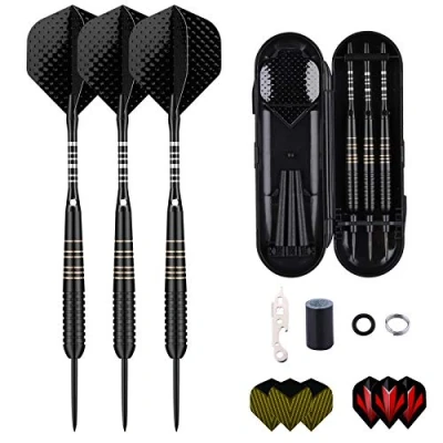 Image de sanfeng Fléchette, Fléchettes Pointe Acier 23g, Professionnelles avec Noir Tiges en Aluminium 9 Ailes 50 Anneaux Caoutchouc Anti lâche, 1 Sharpener Tool, 12 Spring Rings