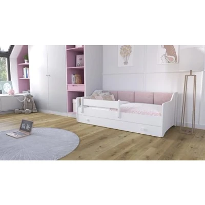 Image de KOBI Lit Enfant Eryk Blanc 160x80 Panneaux rembourrés Tiroir, Matelas, Garde Corps pour la Chambre des Enfants Une Fille Un garçon (Panneaux Roses)