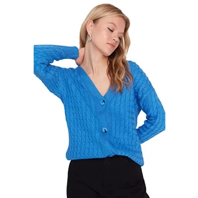 Image de Trendyol Cardigan ajusté chiné à col en V Sweater, Bleu, M Femme