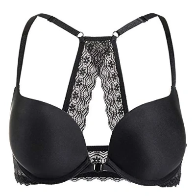 Image de DOBREVA Femme Soutien Gorge Push Up Rembourré avec Armature Fermeture Devant Decollete Plongeant Dos Croisé Noir 95A