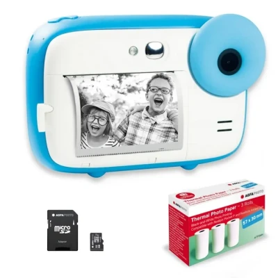 Image de AGFA photo Pack Realikids Instant Cam + 1 carte Micro SD 32GB 3 rouleaux Papier Thermique ATP3WH Appareil Instantané Enfant, Ecran LCD 2,4&#039;, Miroir Selfie et filtre Bleu Neuf
