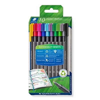 Image de Staedtler Triplus 334 RC10 Lot de 10 feutres à pointe fine triplus, en plastique recyclé, superfine, sertie métal 0,3 mm, longue durée vie, fins dans des couleurs assorties