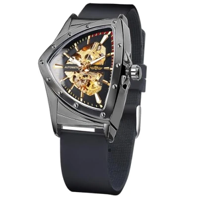 Image de Forsining montre squelette pour homme, mécanique automatique avec cadran triangulaire lumineux, remontage manuel, bracelet en acier inoxydable ou silicone souple, noir/jaune