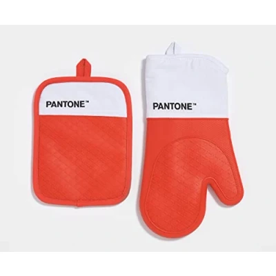 Image de Pantone™ Set de Cuisine composé d&#039;un Gant Four + manique, en Coton avec poignée antidérapante Silicone Accessoires utiles résistants à la Chaleur jusqu&#039;à 250 C Blanc/Rouge