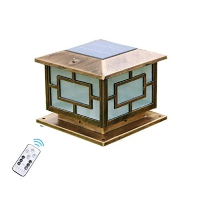 Image de ACMHNC LED Lampe De Pilier Solaire Extérieure, Marron Or Portail avec Télécommande,Carré Lampadaire Jardin IP65 Étanche Antique Chemin Cour Terrasse Patio Luminaire Borne,M