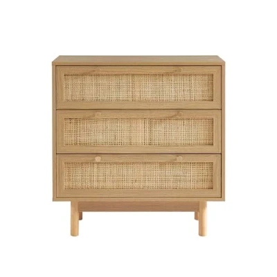 Image de BAÏTA Commode Helena Effet chêne et cannage rotin 3 tiroirs