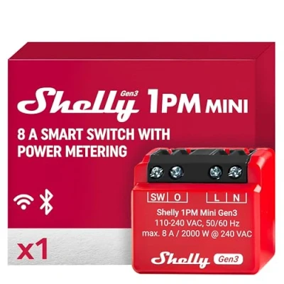 Image de Shelly 1PM Mini Gen3 Micromodule Relais interrupteur connecté Wi Fi &amp; Bluetooth Compteur de consommation intégré Commande à distance 1 Canal 8A Alexa Google Home App iOS, Android