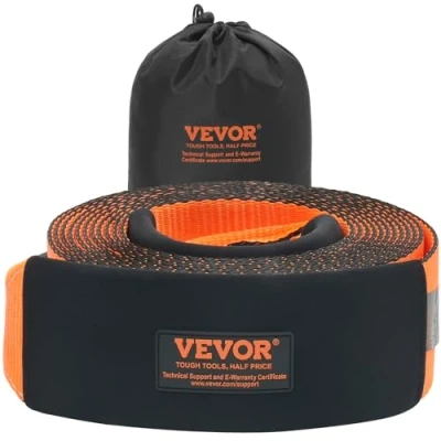 Image de VEVOR Sangle de remorquage récupération, 101,6 mm x 9,1 m, Corde à Triple Boucle renforcée, résistance la Rupture 21092 kg, Protection des Arbres, Manchons et Sac Rangement