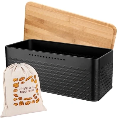 Image de ROYOUZI Boîte à Pain, Boite Pain en Métal, a avec Sac Lin pour Une Fraîcheur Longue Durable, Couvercle de Bonne Qualité Pouvant Servir Planche Découper