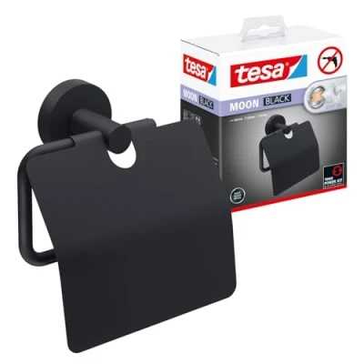 Image de tesa MOON BLACK dérouleur papier toilette avec couvercle: l&#039;élégant support à wc en noir mat impressionne par son design arrondi classique et montage simple, 53 mm x 140 128