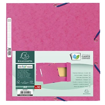 Image de Exacompta Réf. 55520SE Paquet de 10 chemises à élastiques pochettes 3 rabats en carte lustrée 400 g/m2 dimensions 24 x 32 cm pour documents au format A4 couleur rose