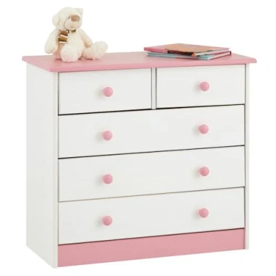 Image de IDIMEX Commode de Chambre Rondo Meuble Rangement avec 5 tiroirs, en pin Massif lasuré Blanc et Rose