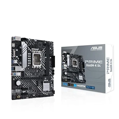 Image de ASUS PRIME B660M K D4 Carte mère Intel B660 LGA 1700 mATX (PCIe 4.0, 2 x M.2 slots, DDR4, Realtek 1Gb Ethernet, HDMI, D Sub, USB 3.2 Gen 1, Contrôle de l’éclairage)