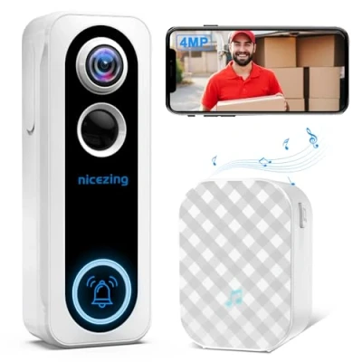 Image de 4MP Sonnette sans Fil avec Caméra Compatible Alexa, nicezing Exterieur Etanche Visiophone Carillon, Message Vocal, Changeur de Voix, Détection Mouvement AI, Vision Nocturne, IP66
