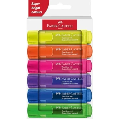 Image de Faber Castell 254646 Surligneur Set 46, étui de 6, couleurs néon, avec pointe biseautée longue durée, largeur trait 1 5 mm, rechargeable