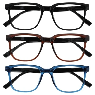 Image de OPULIZE LEO Lunettes de Lecture Lot 3 Monture Rectangulaire Large Noir, Brun, Bleu Hommes Femmes Charnières à Ressorts RRR55 123 +1.50