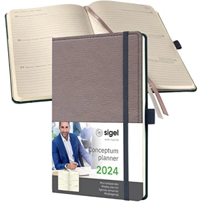 Image de SIGEL C2451 Agenda semainier 2024, motif rétro, A5, couverture rigide, taupe Conceptum