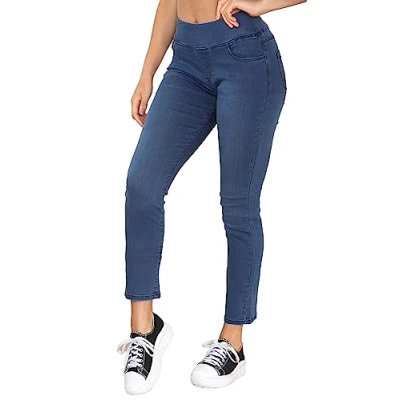 Image de 989Zé ENZO Jeans à taille élastique pour femme Coupe droite Pantalon En denim extensible décontracté coton Confortable, bleu, 40