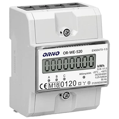 Image de Orno WE 520 Compteur D&#039;électricité Affichage Triphasé De La Consommation Électrique avec Certificat Mid, 0.25a 80a.3 X 230v/400v, 50/60hz, 800 Imp/kwh