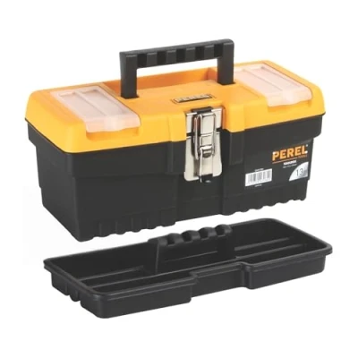 Image de Perel Boîte à outils, polypropylène, avec plateau porte outils amovible, 2 compartiments dans le couvercle, poignée rabattable et fermeture métallique, noir/jaune, 320 x 155 139 mm