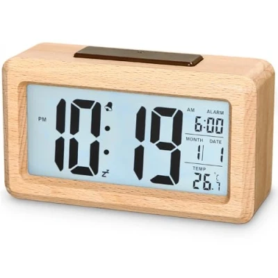 Image de Exyvox Réveil numérique,Réveil en Bois avec Grand écran,Horloge Digitale Module de capteur,Horloge numérique Snooze,12/24 Heures,Date,Affichage la température