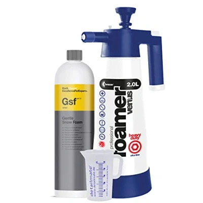 Image de detailmate Kit de pré nettoyage Koch Chemie GSF Gentle Snow Foam 1 litre, mousse nettoyante Shampoing Détachant insectes, Kwazar Super Foamer Alkaline pour substances alcalines + gobelet doseur