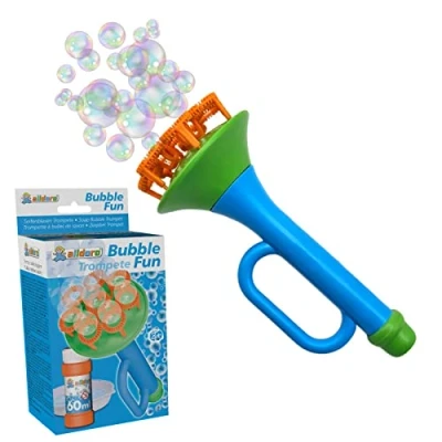 Image de alldoro 60623 Fun Trompette à bulles de savon avec 60 ml liquide et bol, machine Multi Bubble, Trumpet env. 15,2 x 6,5 cm, pour enfants partir 3 ans, bleu/vert
