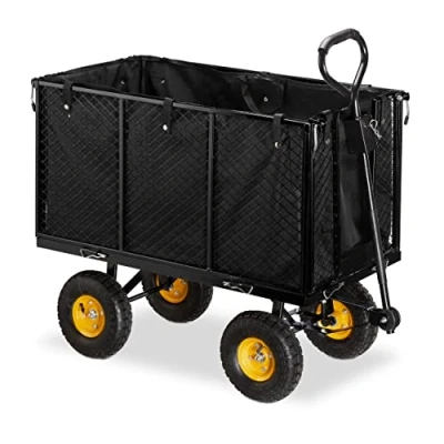 Image de Relaxdays Chariot de transport, côtés rabattables, poignées pour porter le contenant, jardin, capacité 500 kg, noir