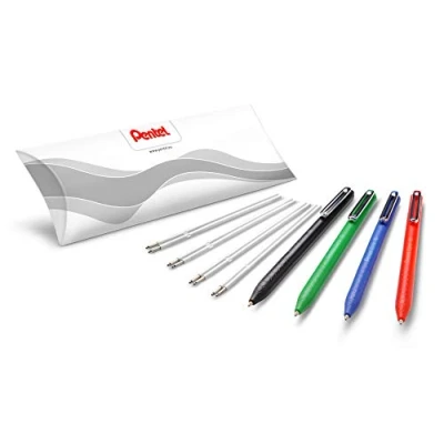 Image de Pentel iZee BX470, Stylo bille rétractable encre à faible viscosité, pointe large 1 mm, Pack de 4 stylos + sachets 2 recharges, Noir, Rouge, Bleu, Vert
