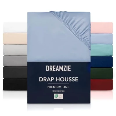 Image de Dreamzie Drap Housse 160x200 cmpour Matelas Épais jusqu&#039;à 33 cm 100% Polyester Microfibre Bleu Certifié sans Produits Chimiques (Oeko TEX), avec Élastique Complet