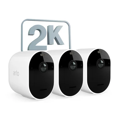 Image de Arlo Pro 5 2K, Caméra de Surveillance WiFi Extérieure Sans Fil, Autonomie 8 mois, Vision Nocturne Couleur Avancée, Éclairage, Sirène et Double Bande, Essai Secure Inclus, 3 Caméras Blanc