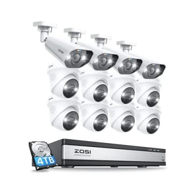 Image de ZOSI 4K 16CH NVR PoE Kit Caméra de Surveillance avec Spotlight,12pcs 8MP pour Extérieure, Audio Bidirectionnelle Sirène, Détection Personne IA, 4To HDD 24/7 Enregistrement