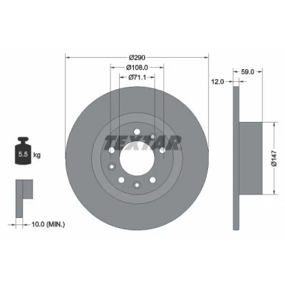 Image de TEXTAR 92313603 Disque de frein 290 12 05/08 108 plein revêtu sans boulon fix roue, moyeu roue PEUGEOT: 508 I SW