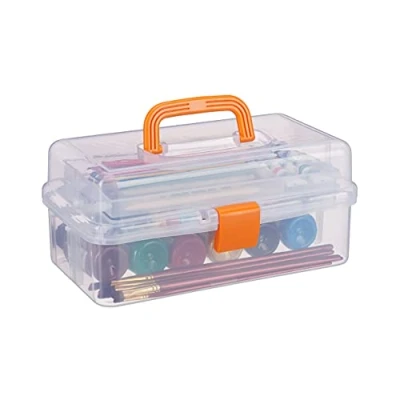 Image de Relaxdays 10024158_57 Boîte en plastique transparente, 9 compartiments pour petits objets, Poignée, HLP 14x33x19 cm, orange, 14 x 33 19,5 cm