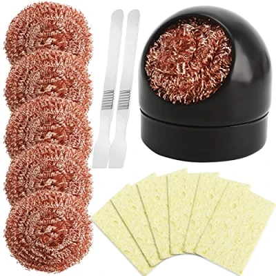Image de Nettoyage de Pointe Laiton, Kit Nettoyeur Fer à Souder Contient 1 Support Souder/6 Boules en Laiton/6 Éponges/2 Grattoirs, Nettoyant pour Panne Soudage
