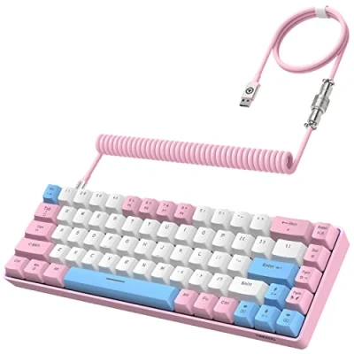 Image de YINDIAO T8 Clavier de Jeu 60%,Mini Mécanique Filaire Compact 68 Touches avec Rétroéclairage 18 Chroma RVB,Interrupteur Bleu,Câble Spiralé USB C,pour PC,Laptop,Mac,PS4,Xbox Rose