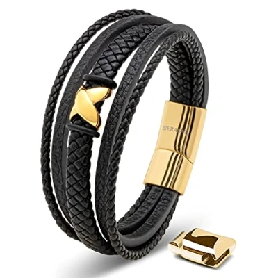 Image de SERASAR Bracelet Magnetique Homme Or 17cm Cuir Acier Inoxydable Tissé Réglable Hommes Chaîne Tressé Accessoire Jeune Garcon Bijou Jewelry Luxe Cadeaux Saint Valentin Argent Large Classic