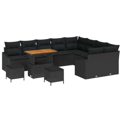 Image de Ensemble de Canapés Jardin vidaXL 12 Pièces avec Coussins Noir Poly Rattan Acacia 3362694